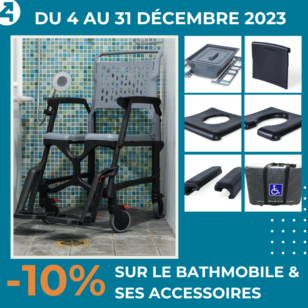 Flyer promotionnel de décembre 2023. 10% de remise sur la gamme de fauteuil BathMobile et ses accessoire