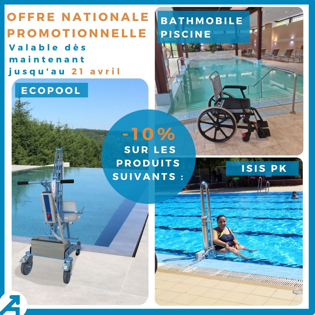 Promotion printemps : – 10% sur nos élévateurs de piscine et chaise BathMobile version piscine.