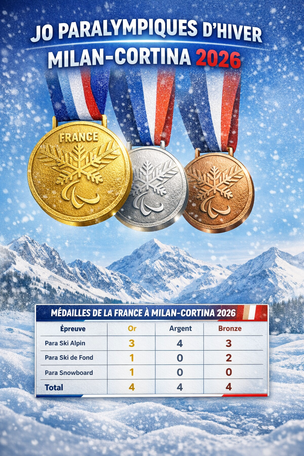 Médailles paralympiques françaises aux Jeux de Milan-Cortina 2026 : un bilan prometteur pour l’équipe de France